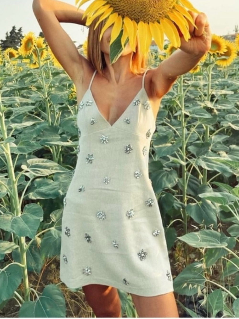 ZARA Beige Embellished Spaghetti-Strap Mini Dress